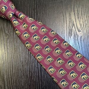 Lanvin Paris Elephant Print Silk Tie Burgundy Navy Gold